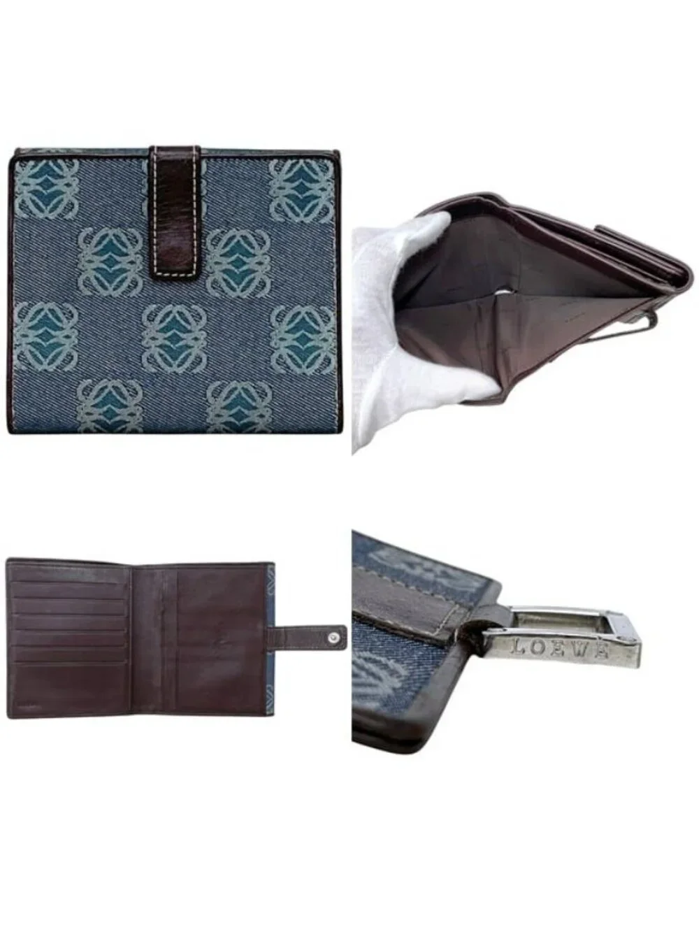 Loewe Bifold Wallet Blue Brown Anagram Canvas Leather Logo All Over Pattern Hook